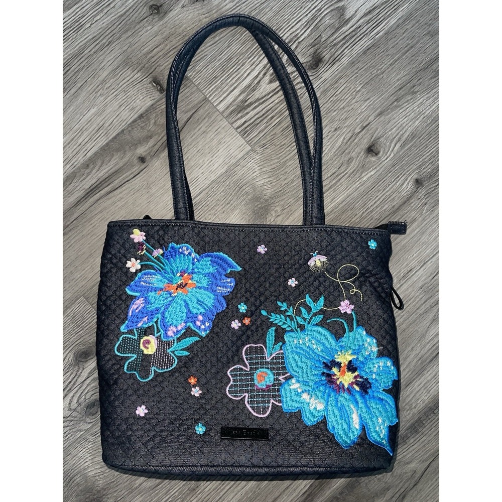 Vera Bradley Iconic Small Vera Tote Denim‎ Navy with Embroidered Flowers